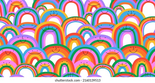 Diverse colorful rainbow seamless pattern illustration. Multi color cartoon characters in funny children doodle style. Friendly community or diversity pride background concept.