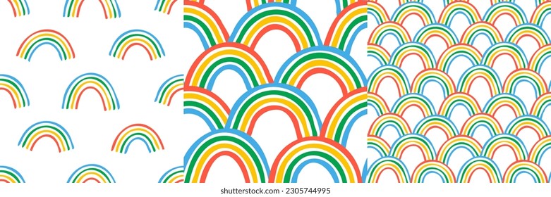 Diverse colorful rainbow seamless pattern set. Multi color cartoon wallpaper print collection in hand drawn doodle style. Kid art drawing design or diversity concept background texture.	