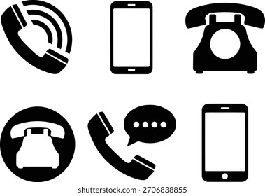 Conjunto de iconos de comunicación diversa, incluye teléfonos móviles y antiguos