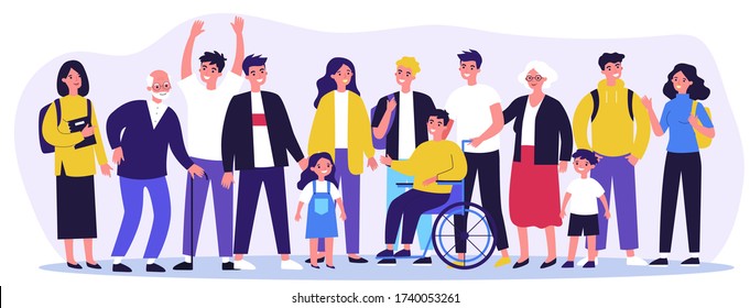 Diverse community members standing together. Crowd of happy men, women of different ages, children and disabled person. Vector illustration for civil society, diversity, togetherness, citizens concept