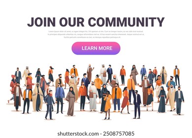 Diverse community people gathering concept Multicultural crowd in various outfits interacting on white background Website banner