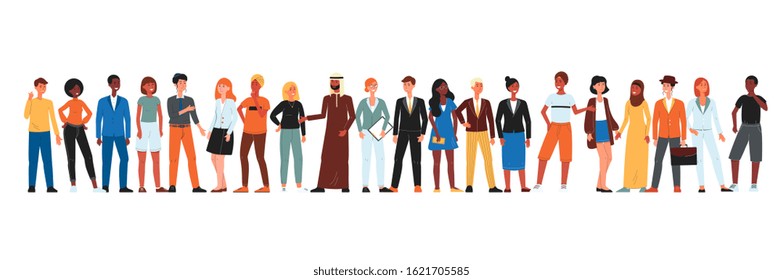 Diverse community of people standing in line - isolated group of cartoon men and women from different countries. Flat vector illustration on white background.