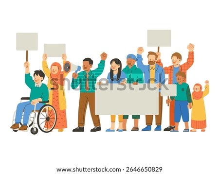 Diverse community protesters with multicultural crowd, including male speaker with megaphone, women in hijab, children, and disabled participant. Flat vector illustration isolated on white background