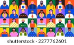 Diverse community seamless pattern illustration. Colorful flat cartoon character background in trendy 90s style. Young people texture print, business team mosaic, staff group wallpaper texture.