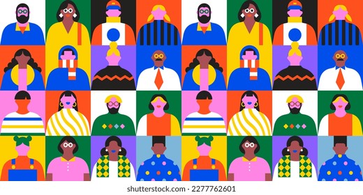 Diverse community seamless pattern illustration. Colorful flat cartoon character background in trendy 90s style. Young people texture print, business team mosaic, staff group wallpaper texture.