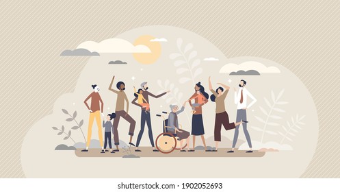 Diverse community with various different society groups tiny person concept. Diversity with multicultural, multiracial and international people vector illustration. All population solidarity and unity