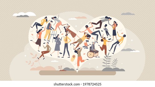 Diverse community with various different society groups tiny person concept. Diversity with multicultural, multiracial and international people vector illustration. All population solidarity and unity