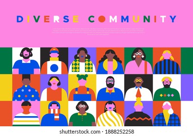 Diverse community web page template illustration. Colorful flat cartoon characters in trendy 90s style. Young people, business team, staff group concept with copy space.