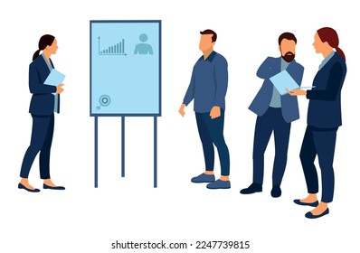 Diverse company employees having online business conference video call on tv screen monitor in board meeting room. Videoconference presentation, global virtual group corporate training concept.