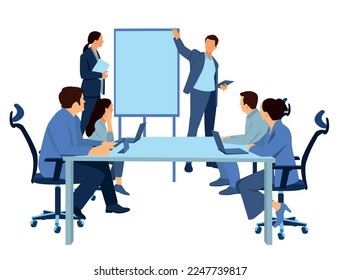 Diverse company employees having online business conference video call on tv screen monitor in board meeting room. Videoconference presentation, global virtual group corporate training concept.