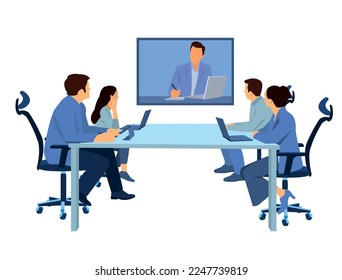 Diverse company employees having online business conference video call on tv screen monitor in board meeting room. Videoconference presentation, global virtual group corporate training concept.