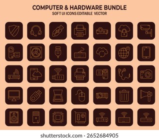Conjunto de ícones diversificados de computador e hardware ilustrando componentes de design de interface de usuário flexível para equipamento tecnológico