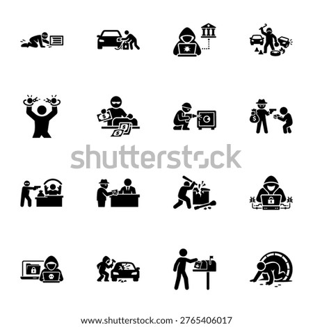Diverse Concepts of Illegal Heist and Digital Criminal Activity Icon set