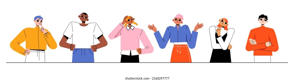 Diverse confused people doubt, think. Vector flat illustration of thoughtful, unsure women and men with hand chin, head. Multiracial group of pensive, anxiety characters