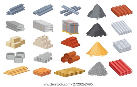 Diversos componentes de construcción mostrados sobre fondo blanco, Gama de materiales de construcción y construcción mostrados sobre fondo blanco limpio para uso de catálogo