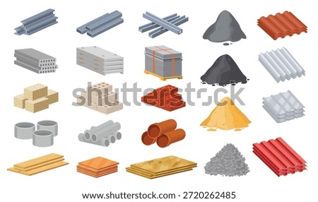 Diverse construction components showcased against white background, Range of construction and building materials displayed on clean white backdrop for catalog use