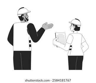 Diverse construction workers discussing black and white 2D line characters. Woman supervisor with clipboard. Contractors in safety gear isolated vector outline people. Monochromatic spot illustration