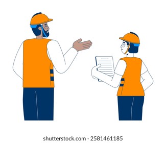 Diverse construction workers discussing project 2D cartoon characters. Woman supervisor holding clipboard. Contractors in safety gear isolated people flat vector on white. Spot illustration colorful