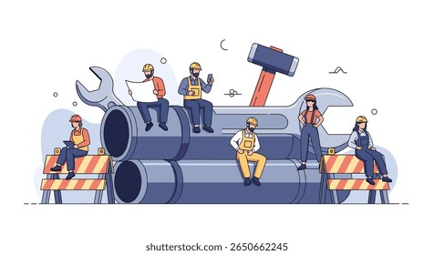 Diversos trabalhadores da construção civil com capacetes duros se reuniram em torno de grandes tubos industriais e ferramentas simbolizando o trabalho em equipe e projetos da indústria pesada