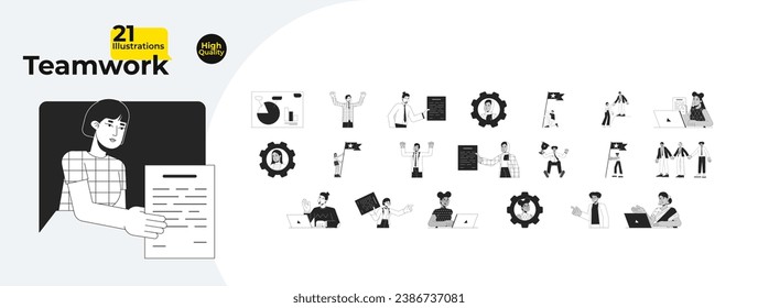 Diverse corporate colleagues black and white cartoon flat illustration bundle. Collaboration co-workers 2D lineart characters isolated. Goals achieving monochrome vector outline image collection