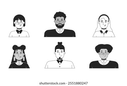 Diverse corporate company office workers black and white 2D line characters set.. Multicultural young business professionals isolated vector outline people. Monochrome spot illustrations collection