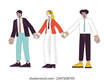 Diverse corporate employees holding hands flat line color vector characters. Editable outline full body people on white. Diverse coworkers simple cartoon spot illustration for web graphic design