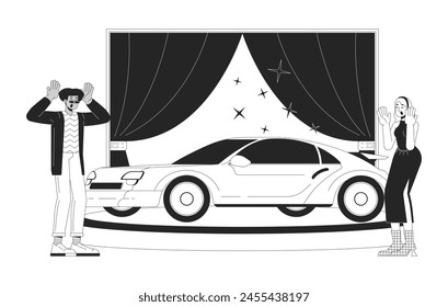 Diverse couple buying new car black and white cartoon flat illustration. Man and woman impressed by modern auto 2D lineart characters isolated. Car dealership monochrome scene vector outline image