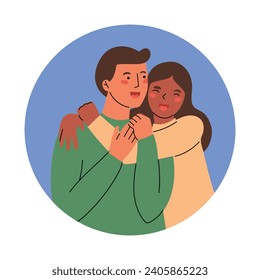 A diverse couple, or friends hugging each other, having fun. Hand drawn circle shape isolated vector illustration 