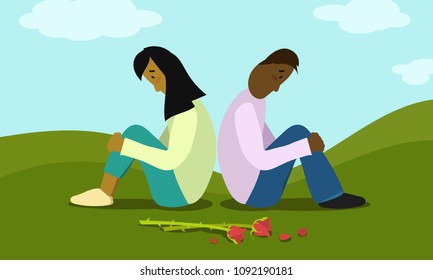 Diverse couple looking sad sitting outdoors near two wilting red roses. Vector illustration