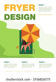 Diverse couple lying on sand at sea. Tourists taking tan, sunbathing under umbrella. Flat vector illustration. Vacation, leisure on beach concept for banner, website design or landing web page