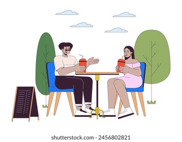 Diverso par de personas de talla grande en la línea de café ilustración plana de dibujos animados. Amigos con sobrepeso que salen caracteres 2D lineart aislados sobre fondo blanco. Escena de estilo de vida Vector color Imagen
