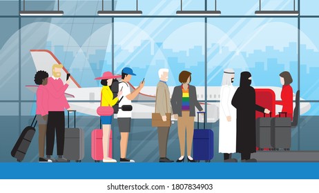  Diverse couple standing at international airport with suitcases. Counter check-in queue line by woman office.