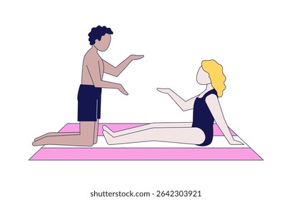 Casal diverso falando sobre toalha de praia personagens de desenhos animados 2D. Amigos de roupa de banho sentados e ajoelhados, gestando na conversa pessoas sem rosto vetor plana isoladas no branco. Ilustração especial colorida