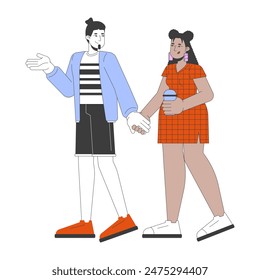 Diverse couple walking together 2D linear cartoon characters. Caucasian man with latin woman on date isolated line vector people white background. Relationship color flat spot illustration