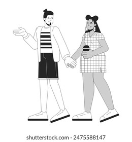 Diverse couple walking together black and white 2D line cartoon characters. Caucasian man with latin woman on date isolated vector outline people. Relationship monochromatic flat spot illustration