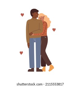 Diverse couple, woman and man hugging, flat style vector illustration