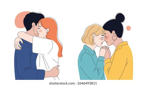 Diversos casais abraçando e conectando uma celebração de amor no design vetorial