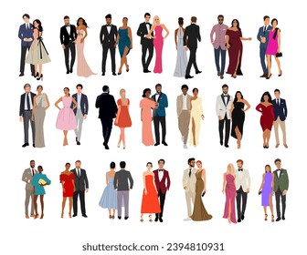 Diverse of couples in evening clothes vector set.