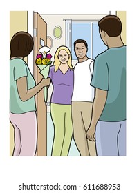 Diverse couples greeting each other