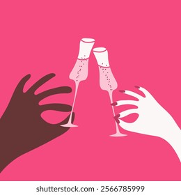 Diverse couples hands toasting champagne flutes vector illustration. Cartoon style Valentines Day greeting card