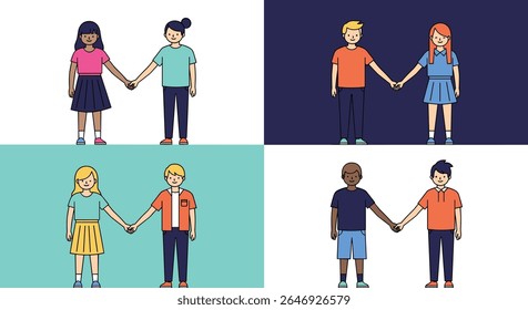 Diverse Couples Holding Hands in Various Color Schemes Representing Unity and Connection