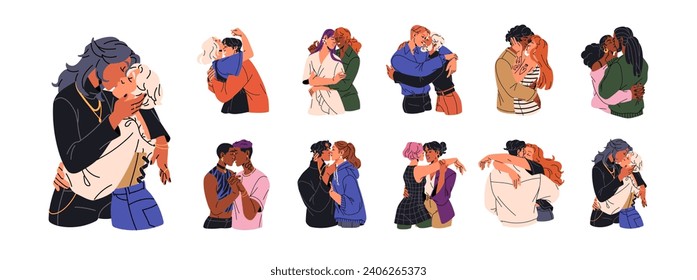 Diverse couples kiss set. People love, show soft feelings, affection. Happy lesbians, gays hug. Different romantic pairs. LGBT relationships. Flat isolated vector illustration on white background