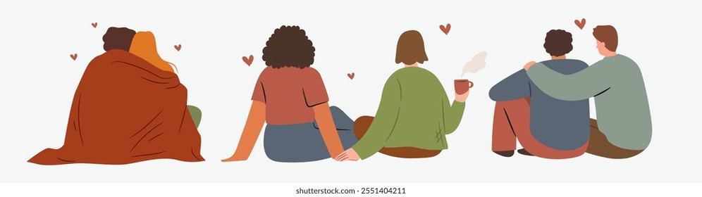 Diversas parejas enamoradas en una cita. Concepto de igualdad de amor con pareja gay y heterosexual abrazándose. Vector dibujado a mano ilustración aislada