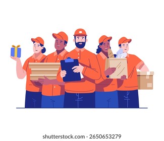 Diverse Courier Team Illustration Featuring Workers From Food Delivery, Grocery, Pizza, and Moving Services. Flat Vector Character Design