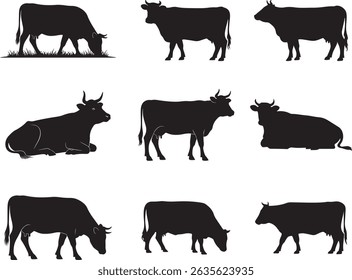 Diversas Silhuetas de Vaca Vetor Arte Fazenda Animal Contornos