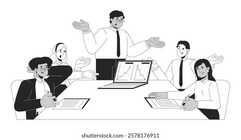 Diverse coworkers discussing downward upward graph laptop black and white 2D line characters. Boardroom meeting. Multicultural managers isolated vector outline people. Monochromatic spot illustration