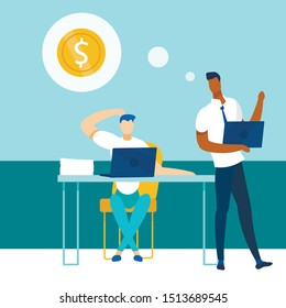 Diverse Coworkers Have Dialog about Money Earning, Investment, Financial Profit. Afro-American and Caucasian Colleagues Work on Laptop Online at Office. Developers Share Idea. Vector Flat Illustration