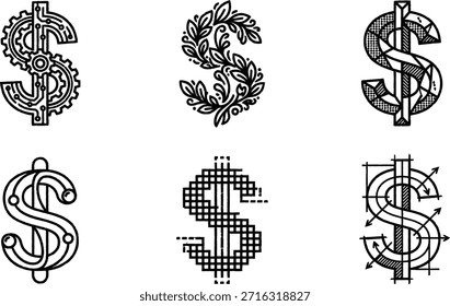 Diverso conjunto creativo de iconos de signo de dólar que representa la tecnología financiera, la arquitectura de la naturaleza y los conceptos digitales para las necesidades de diseño moderno