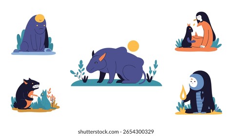 Diverse creatures in stylized natural settings featuring animals and mysterious figures