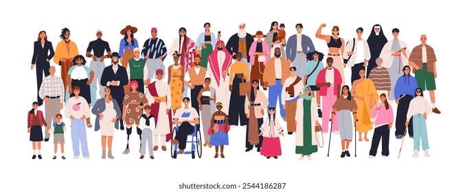 Multidão diversa. Uma sociedade multicultural inclusiva. Grupo internacional multirracial, pessoas com deficiência, cultura diferente, raça. Ilustração vetorial gráfica plana isolada no plano de fundo branco